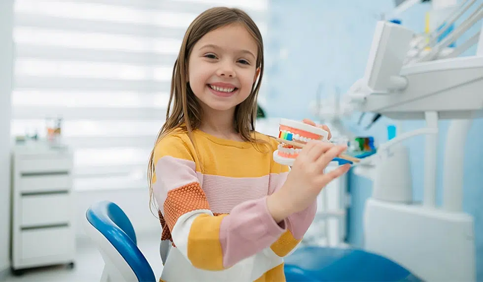 Young girl smiling in dental chair holding toothbrush in modern dental office.