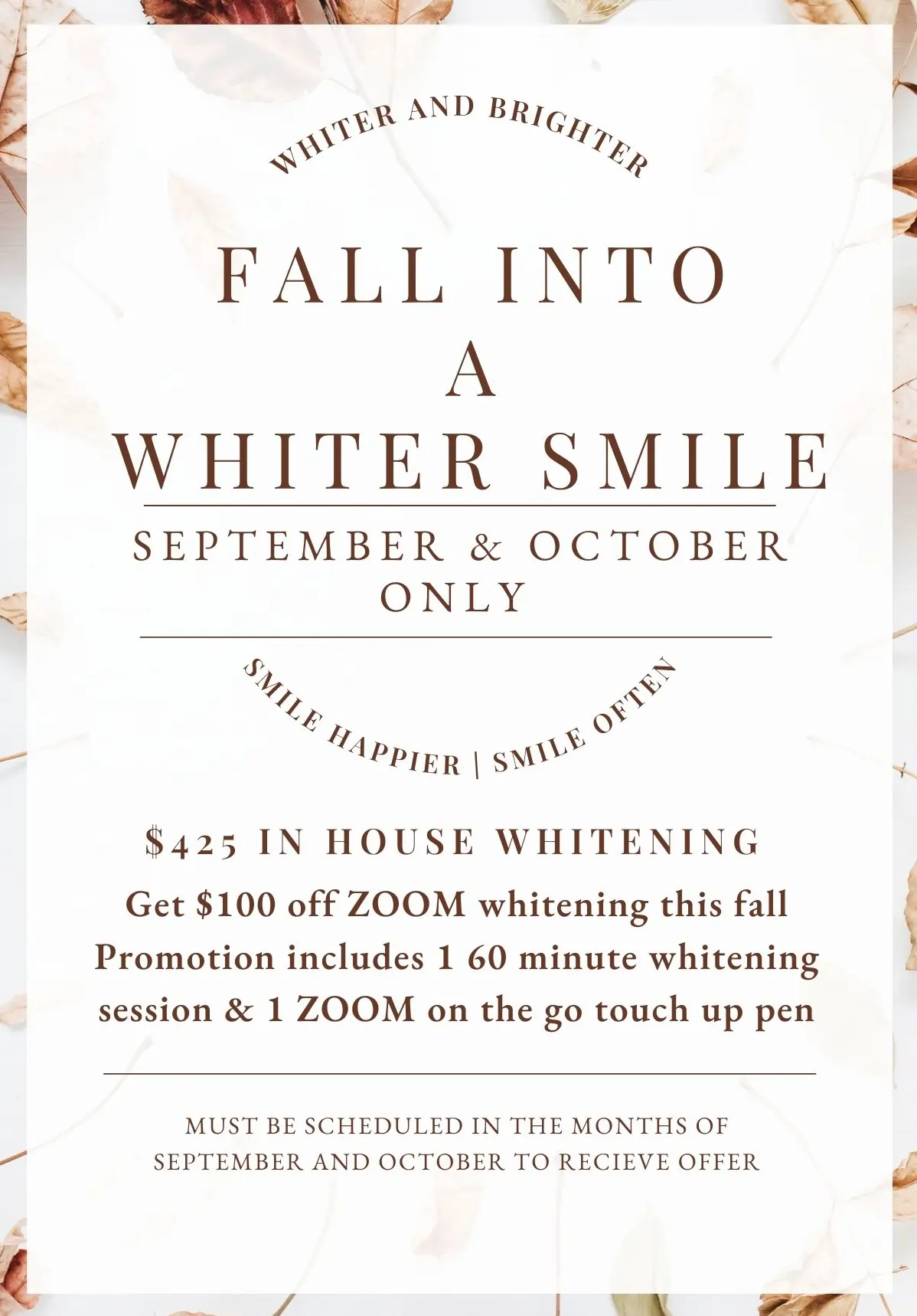 Promotional flyer advertising fall teeth whitening special at dental practice, September-October offer.